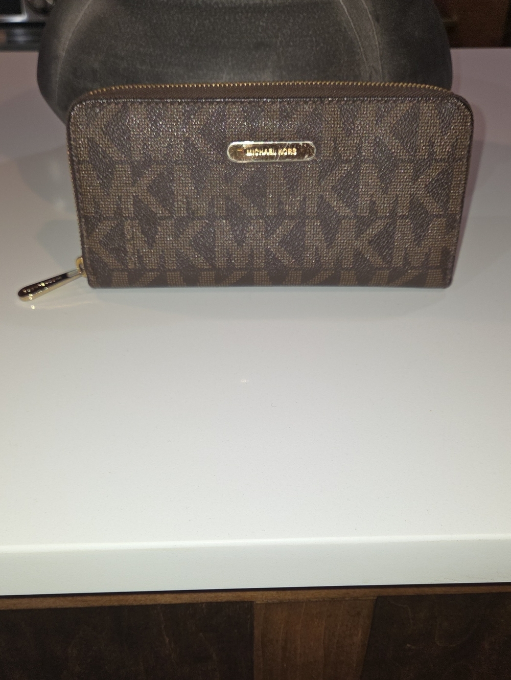 Michael Kors Brown MK Logo Zip-Around Wallet with Gold Hardware